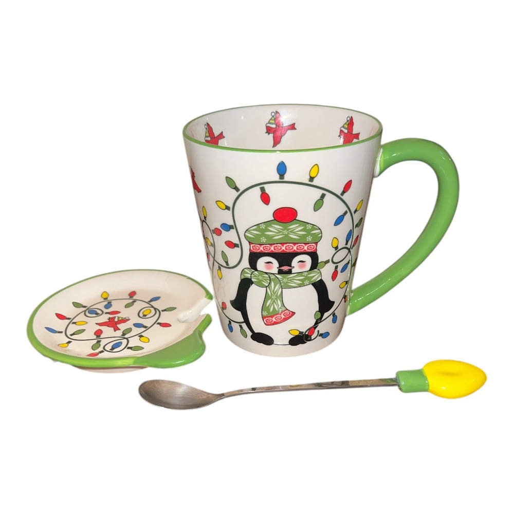 Temptations Ceramic Christmas Mug Set with Penguin Design, Lid and Spoon, 20 oz